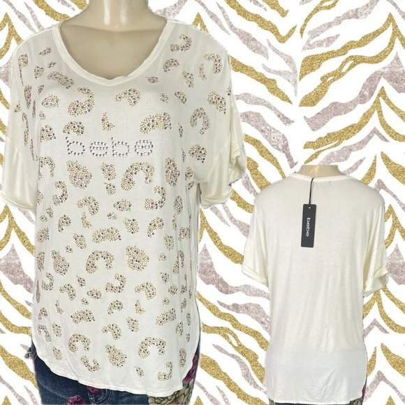 Bebe L Cream Metallic Studded Animal Print Design Logo-V-Neck Short Sleeve Top - Picture 1 of 6